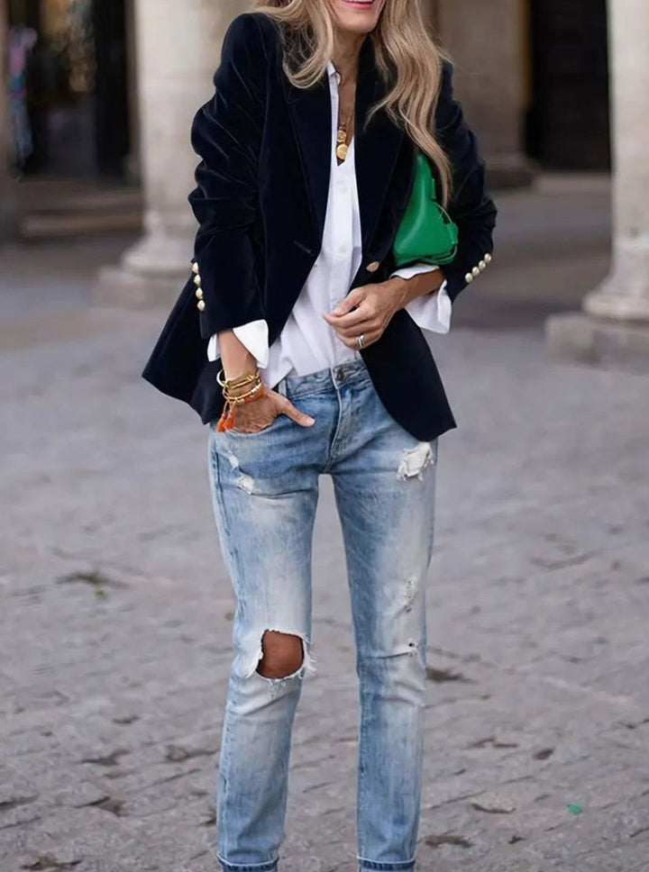 Women's Slim-Fit Velvet Gold-Button Blazer