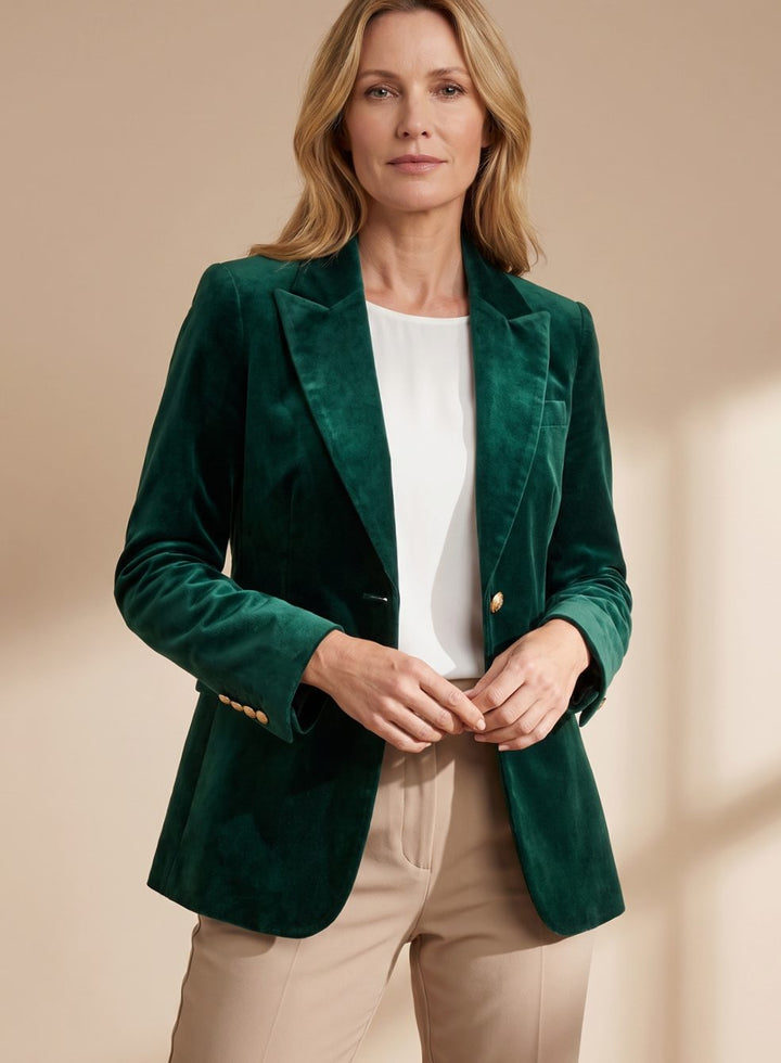 Women's Slim-Fit Velvet Gold-Button Blazer - Green