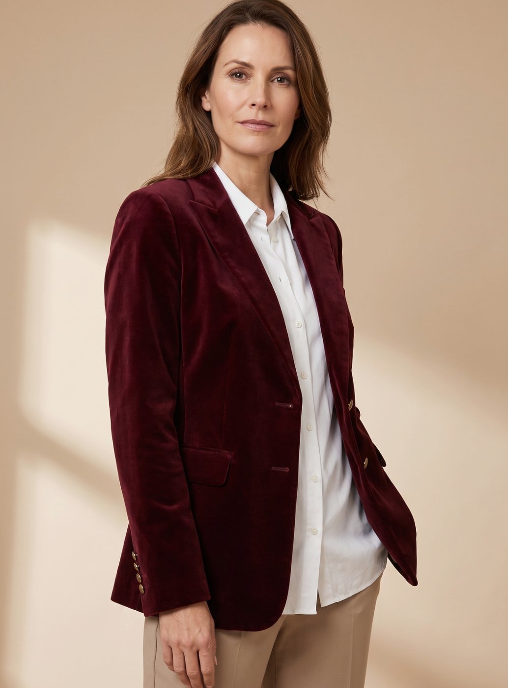 Women's Slim-Fit Velvet Gold-Button Blazer - Dark Burgundy