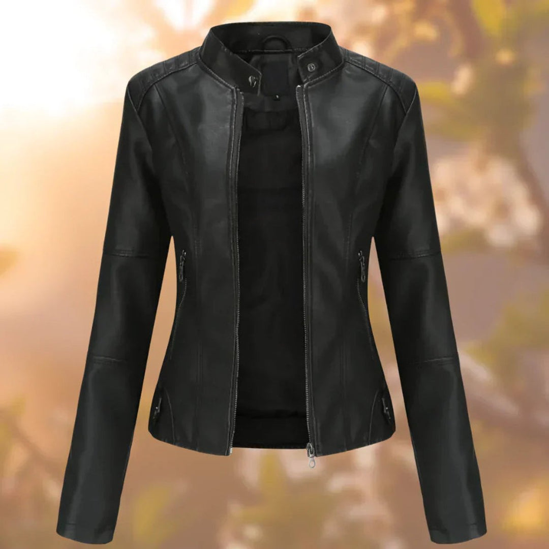 Women's Slim-Fit Zip-Up Moto Faux Leather Jacket - Black