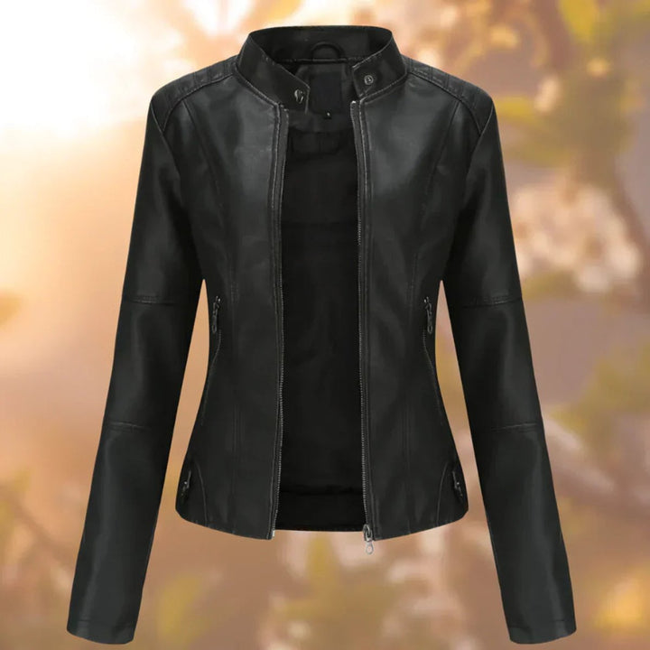 Women's Slim-Fit Zip-Up Moto Faux Leather Jacket - Black