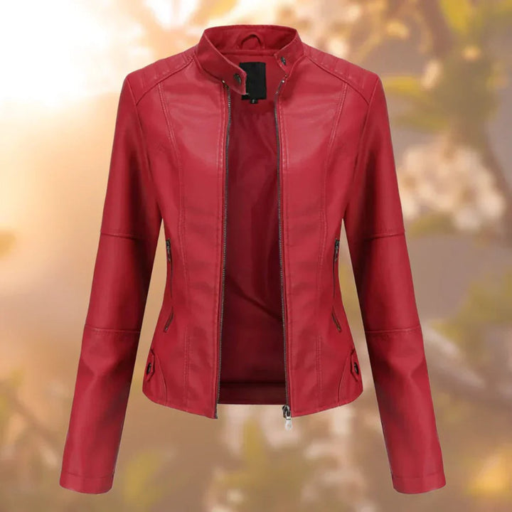 Women's Slim-Fit Zip-Up Moto Faux Leather Jacket - Red