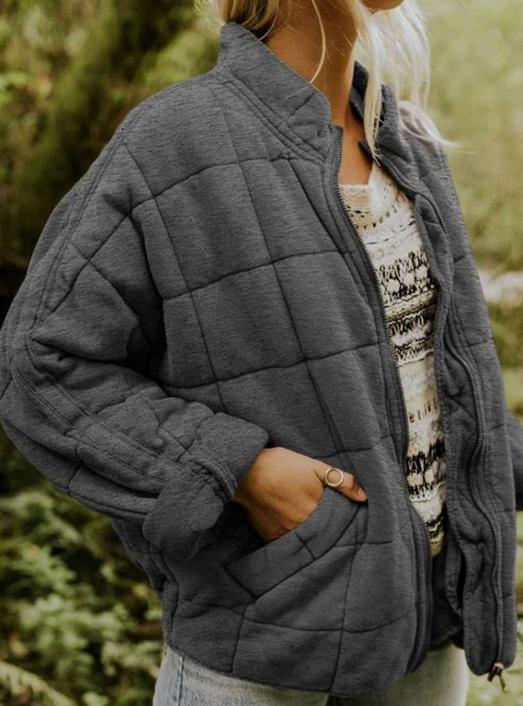 Women's Slim-Fit Zip-Up Quilted Jacket Stand Collar - Dark Gray