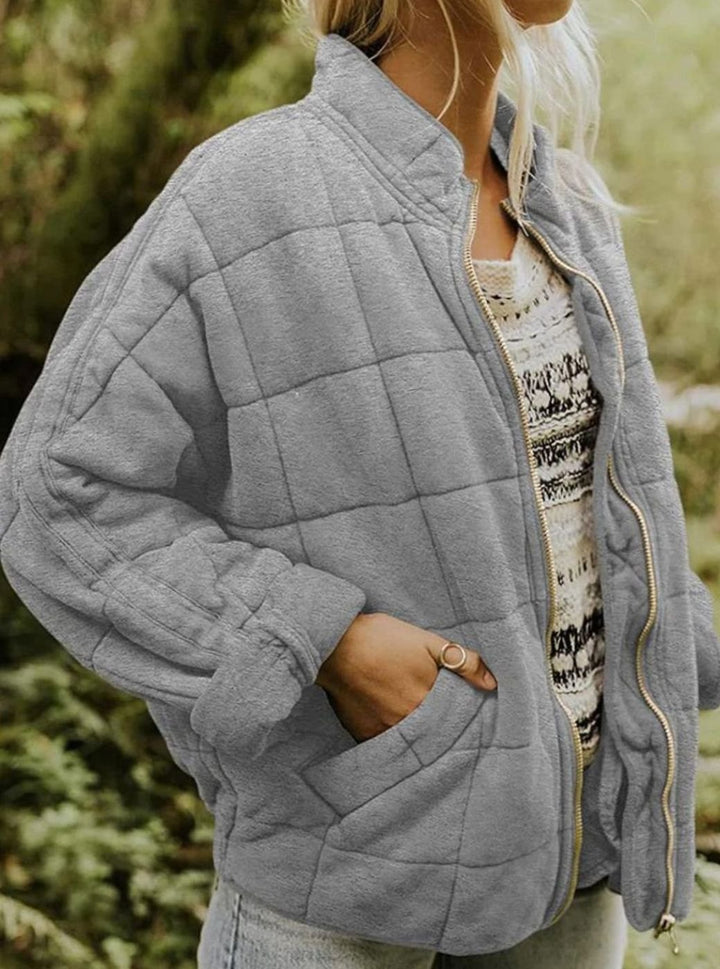 Women's Slim-Fit Zip-Up Quilted Jacket Stand Collar - Gray