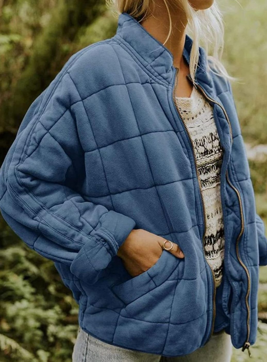 Women's Slim-Fit Zip-Up Quilted Jacket Stand Collar - Blue