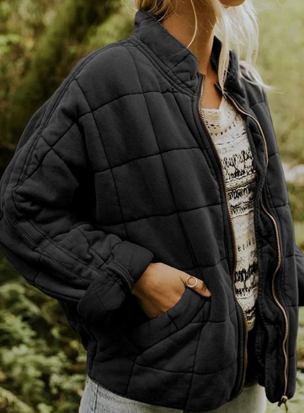 Women's Slim-Fit Zip-Up Quilted Jacket Stand Collar - Black