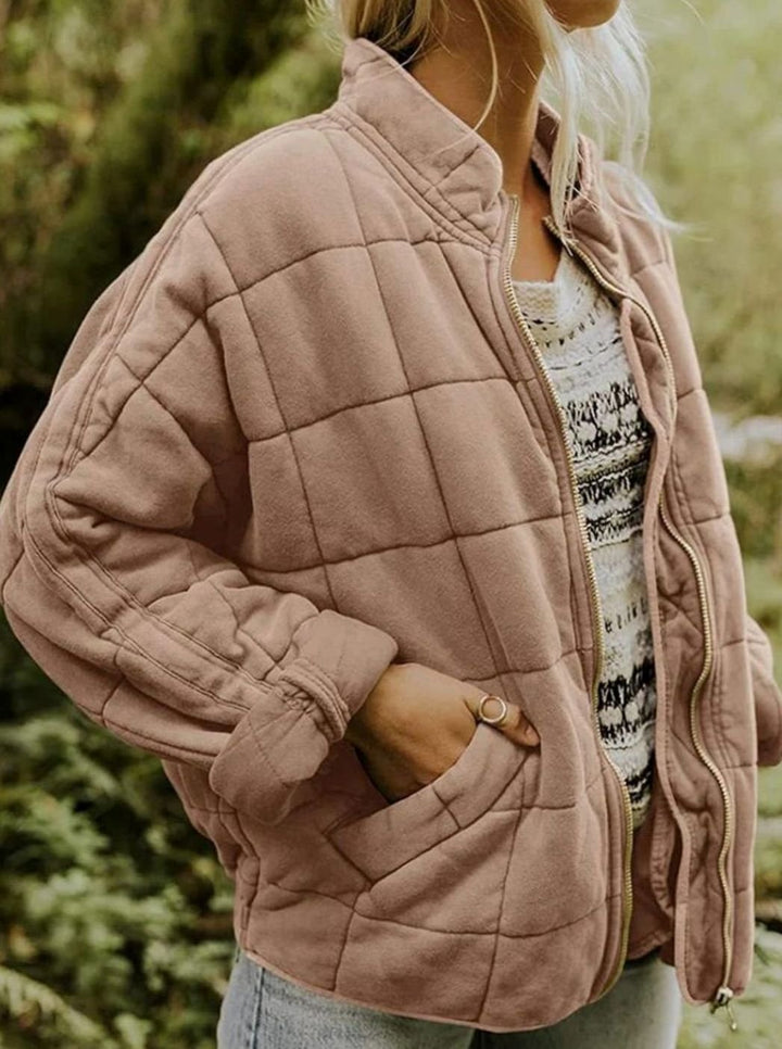 Women's Slim-Fit Zip-Up Quilted Jacket Stand Collar - Pink