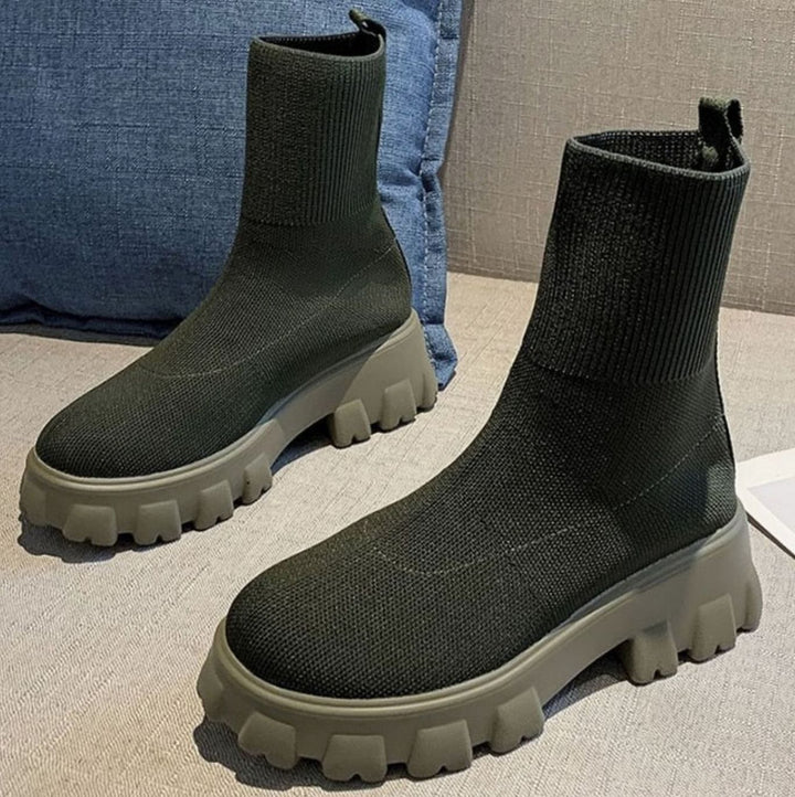 Women's Slip-On Chunky Heel Knit Sock Boots Lug Sole
