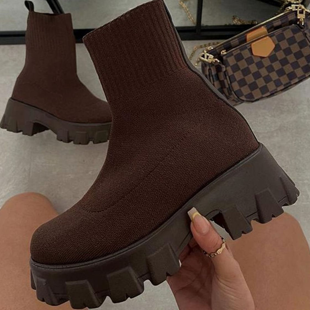 Women's Slip-On Chunky Heel Knit Sock Boots Lug Sole - Brown
