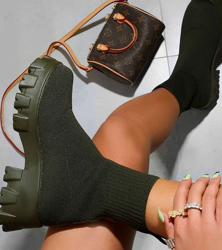 Women's Slip-On Chunky Heel Knit Sock Boots Lug Sole - Green
