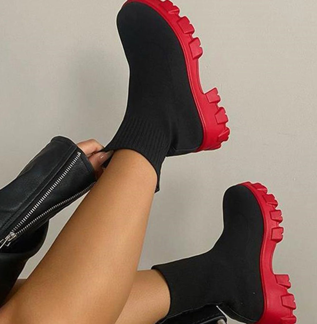 Women's Slip-On Chunky Heel Knit Sock Boots Lug Sole - Black With Red Soles