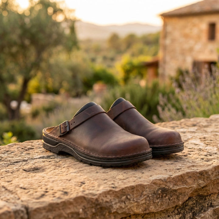 Women's Slip-On Premium Leather Clogs - Dark Brown