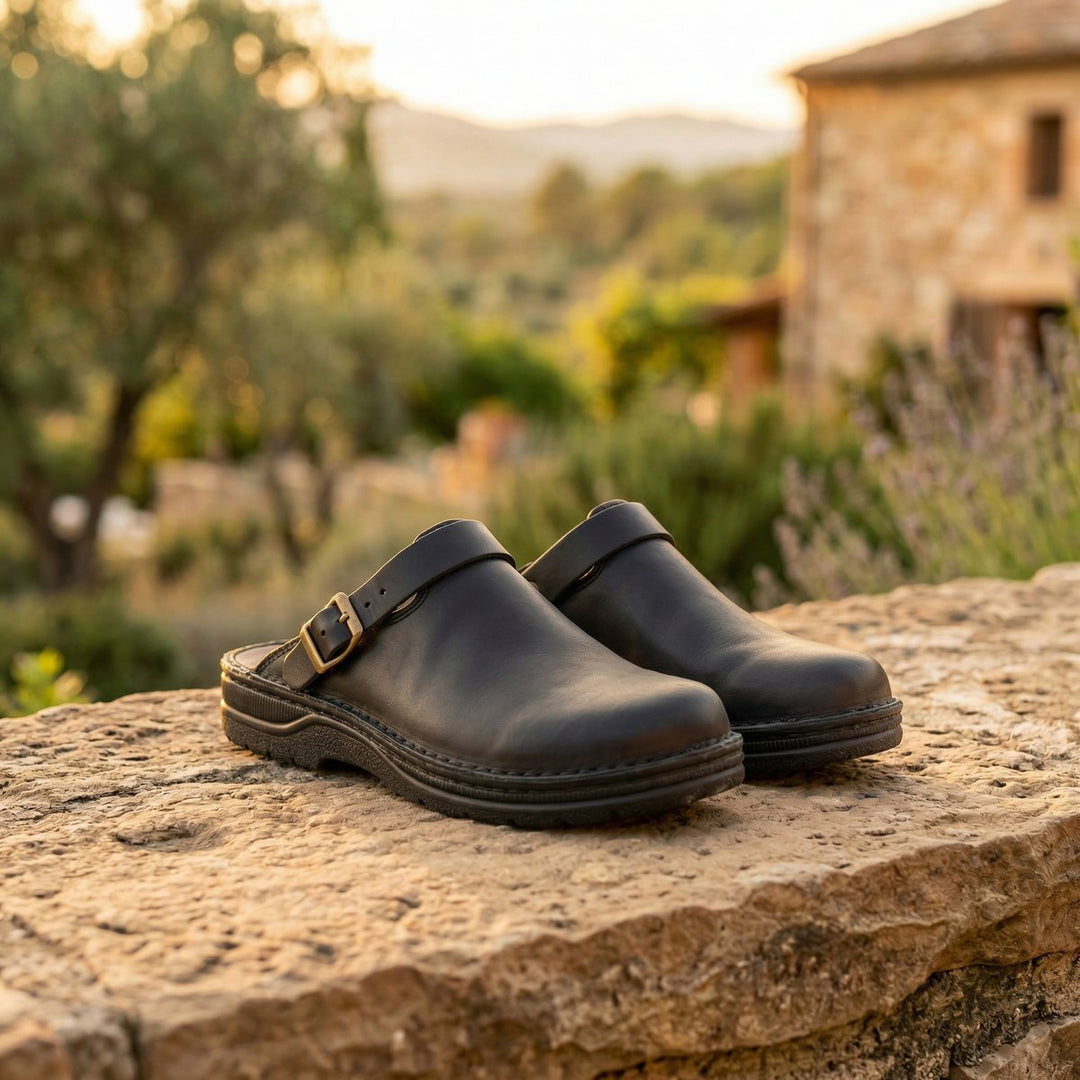 Women's Slip-On Premium Leather Clogs - Black