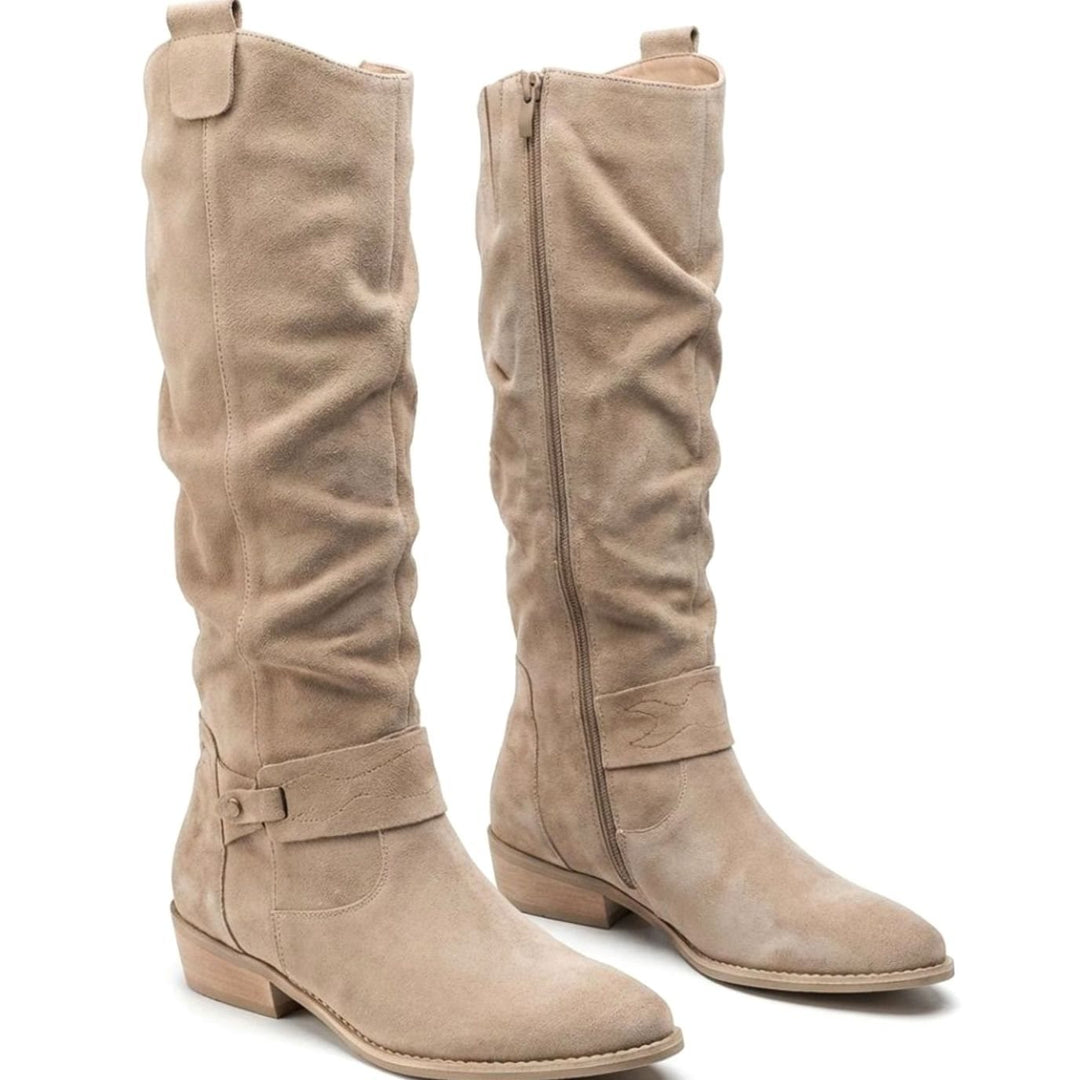 Women's Slouch Knee High Boots Block Heel Side Zip - Beige