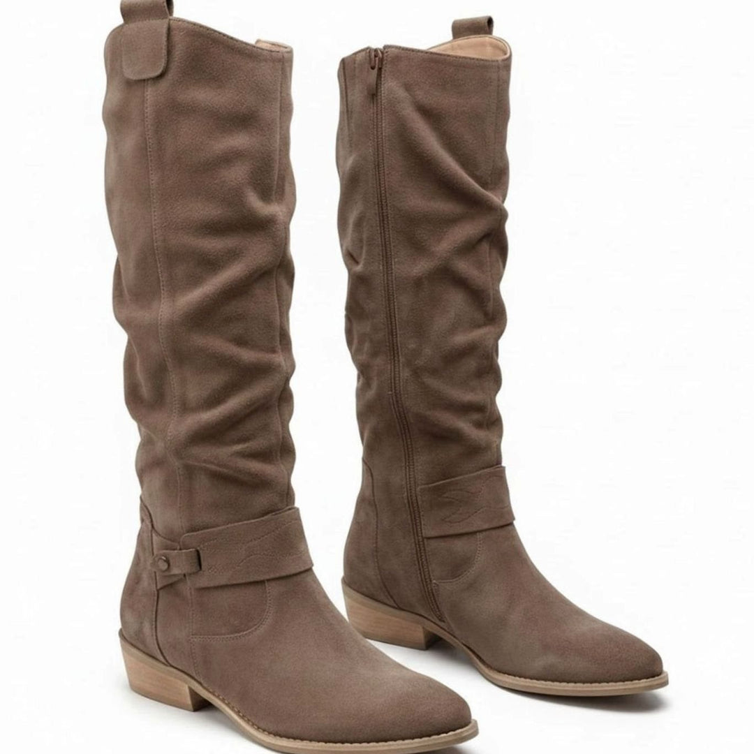 Women's Slouch Knee High Boots Block Heel Side Zip - Taupe