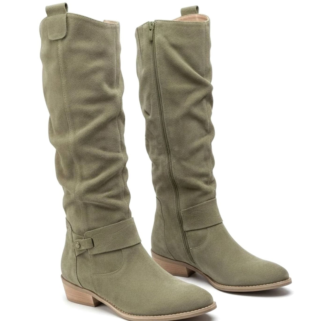 Women's Slouch Knee High Boots Block Heel Side Zip - Dark Green