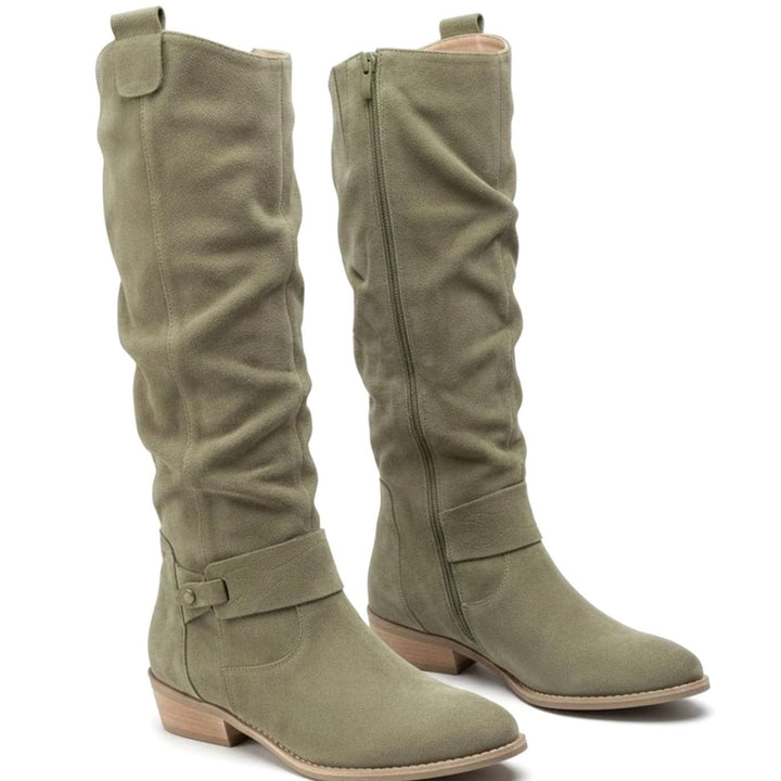 Women's Slouch Knee High Boots Block Heel Side Zip - Dark Green