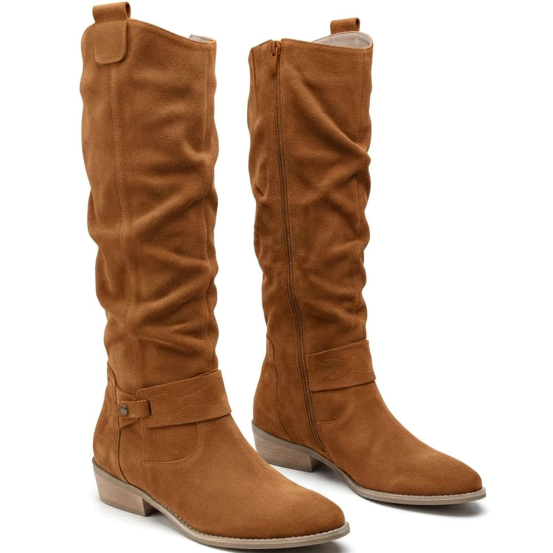Women's Slouch Knee High Boots Block Heel Side Zip - Light Brown