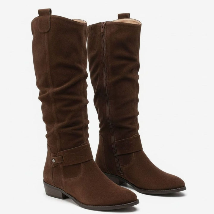 Women's Slouch Knee High Boots Block Heel Side Zip - Dark Brown