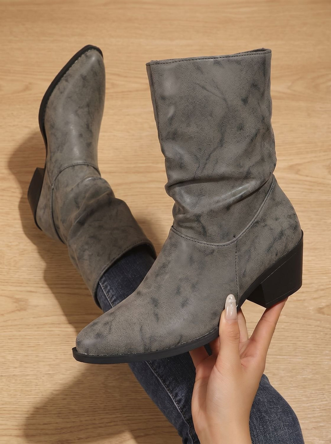 Women's Slouch Mid-Calf Block Heel Faux Leather Boots - Gray