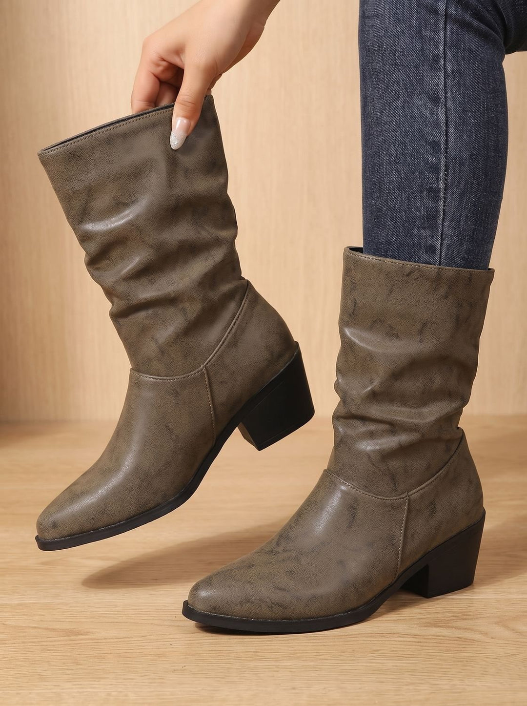 Women's Slouch Mid-Calf Block Heel Faux Leather Boots - Khaki