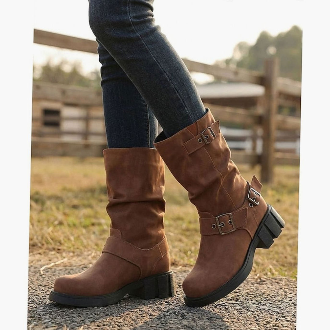 Women's Slouch Mid-Calf Buckle-Strap Biker Boots