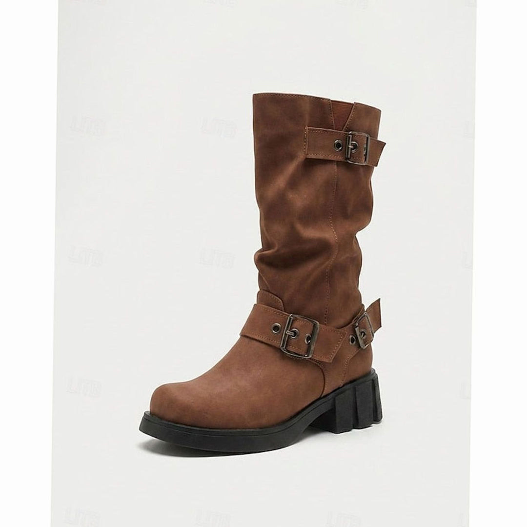 Women's Slouch Mid-Calf Buckle-Strap Biker Boots - Brown