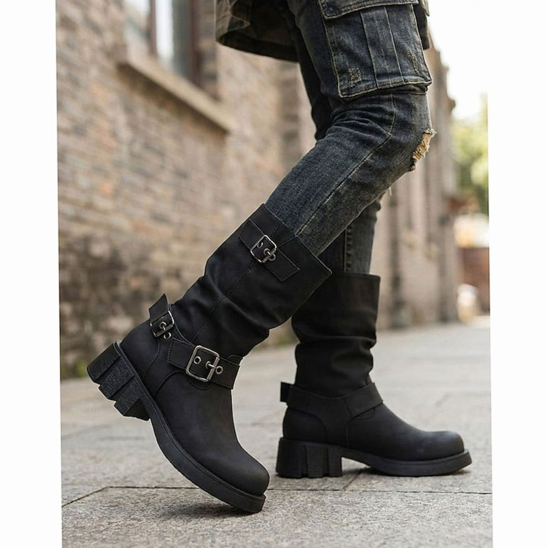 Women's Slouch Mid-Calf Buckle-Strap Biker Boots