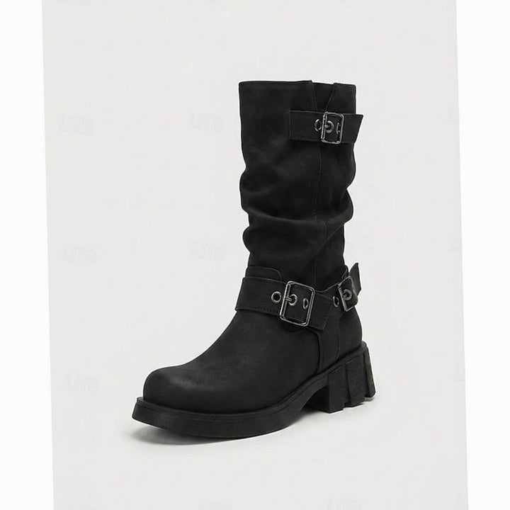 Women's Slouch Mid-Calf Buckle-Strap Biker Boots - Black