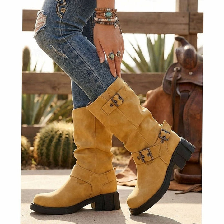 Women's Slouch Mid-Calf Buckle-Strap Biker Boots