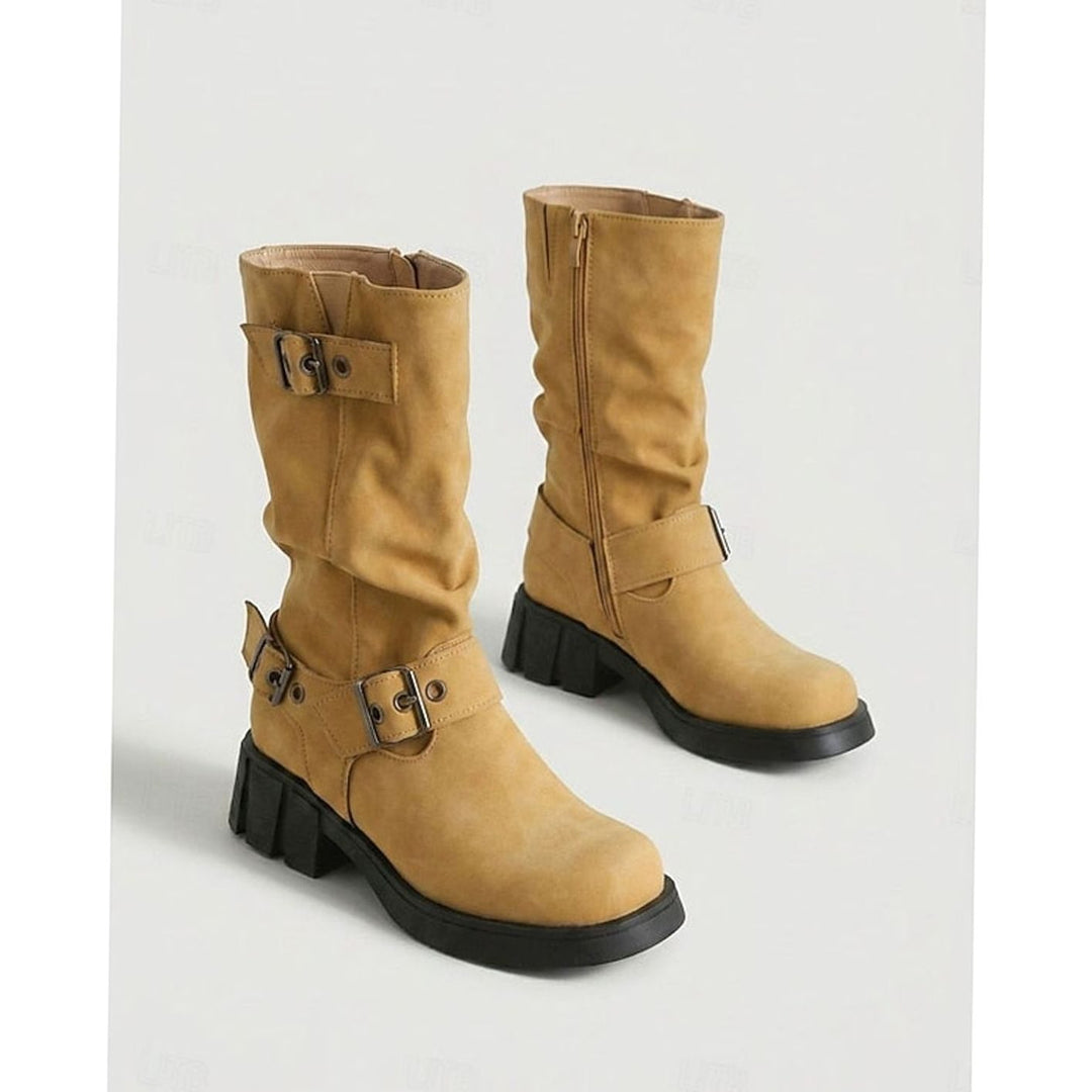 Women's Slouch Mid-Calf Buckle-Strap Biker Boots