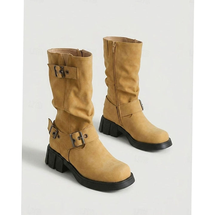 Women's Slouch Mid-Calf Buckle-Strap Biker Boots