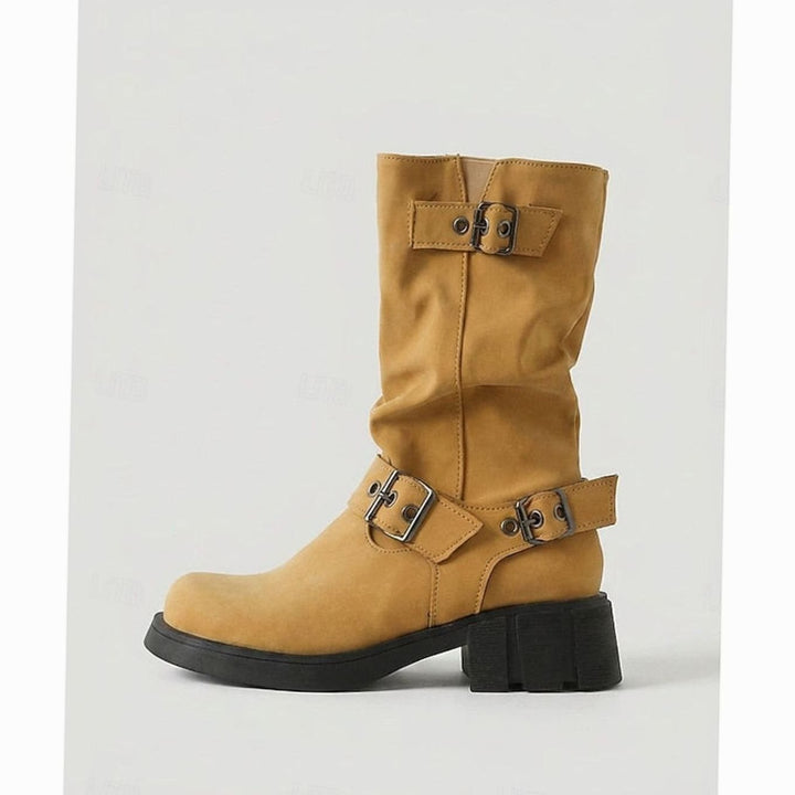 Women's Slouch Mid-Calf Buckle-Strap Biker Boots