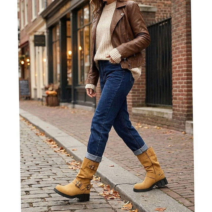 Women's Slouch Mid-Calf Buckle-Strap Biker Boots
