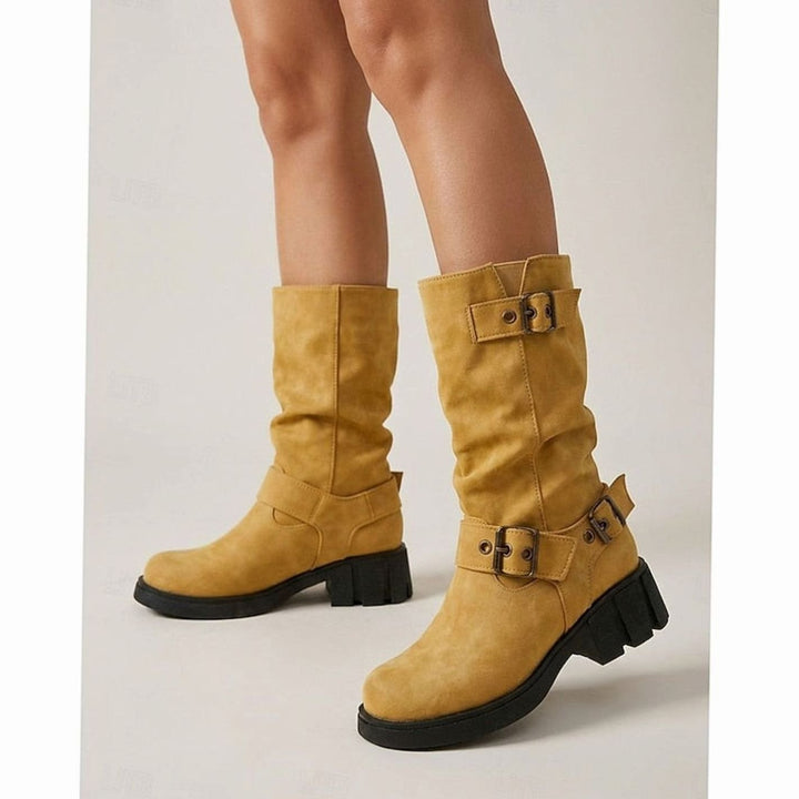 Women's Slouch Mid-Calf Buckle-Strap Biker Boots