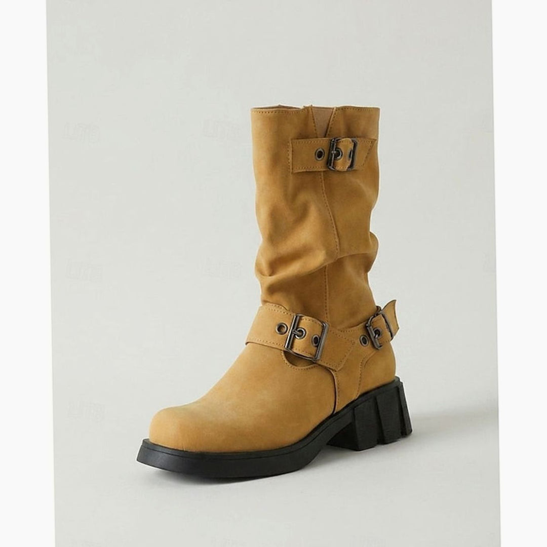 Women's Slouch Mid-Calf Buckle-Strap Biker Boots - Yellow