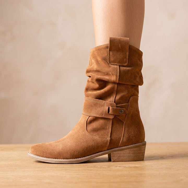 Women's Slouch Suede Block-Heel Ankle Boots Side Zip - Brown