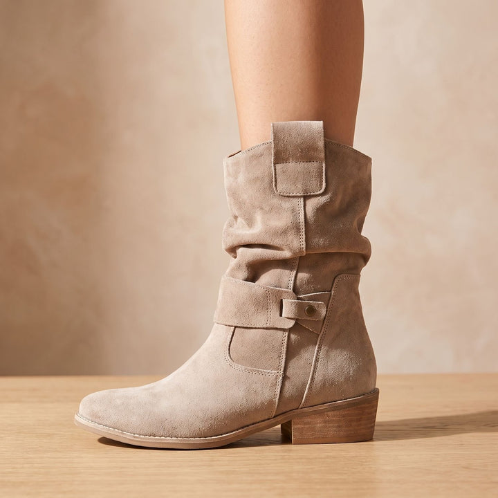 Women's Slouch Suede Block-Heel Ankle Boots Side Zip - Beige