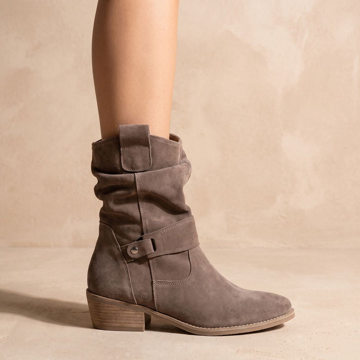 Women's Slouch Suede Block-Heel Ankle Boots Side Zip - Khaki