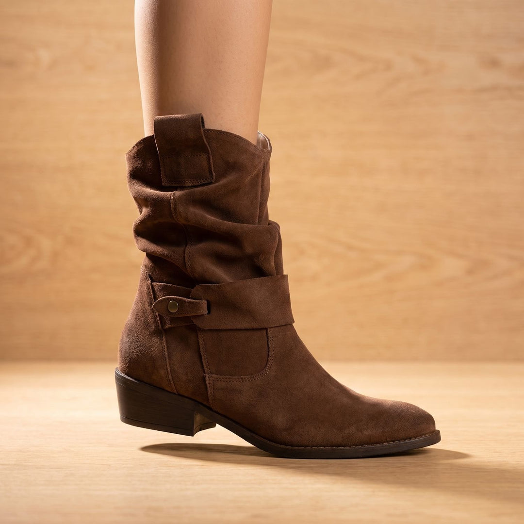 Women's Slouch Suede Block-Heel Ankle Boots Side Zip - Light Brown