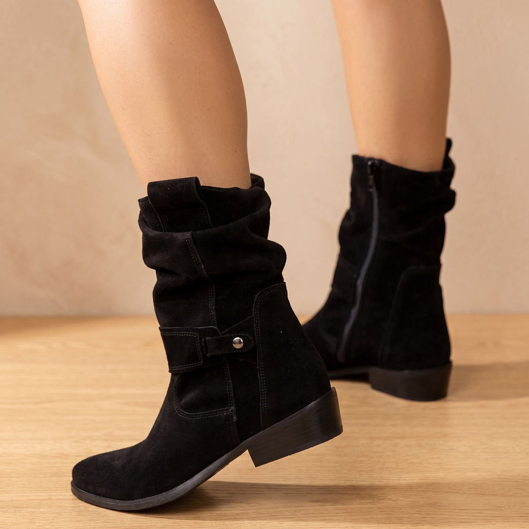 Women's Slouch Suede Block-Heel Ankle Boots Side Zip - Black