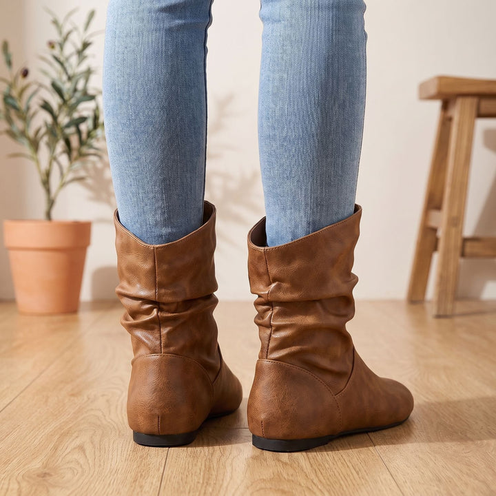 Women's Slouchy Flat Ankle Boots Round-Toe Pull-On
