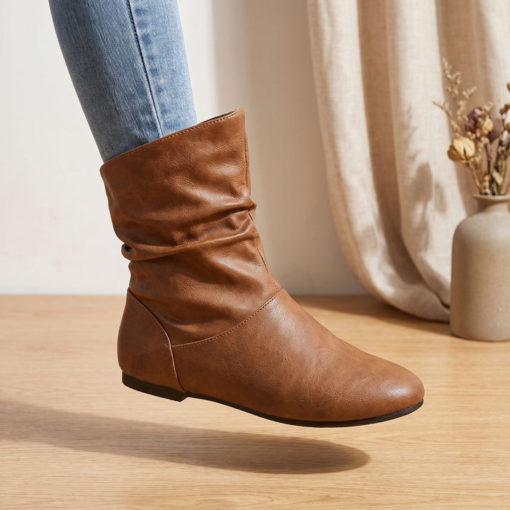 Women's Slouchy Flat Ankle Boots Round-Toe Pull-On - Brown