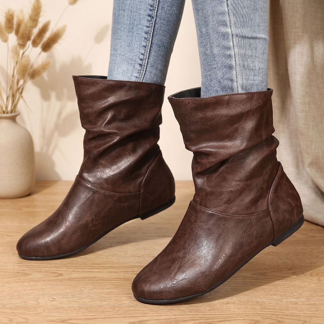 Women's Slouchy Flat Ankle Boots Round-Toe Pull-On - Coffee