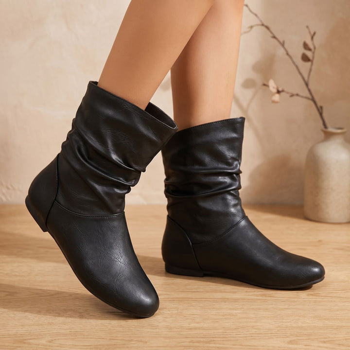Women's Slouchy Flat Ankle Boots Round-Toe Pull-On