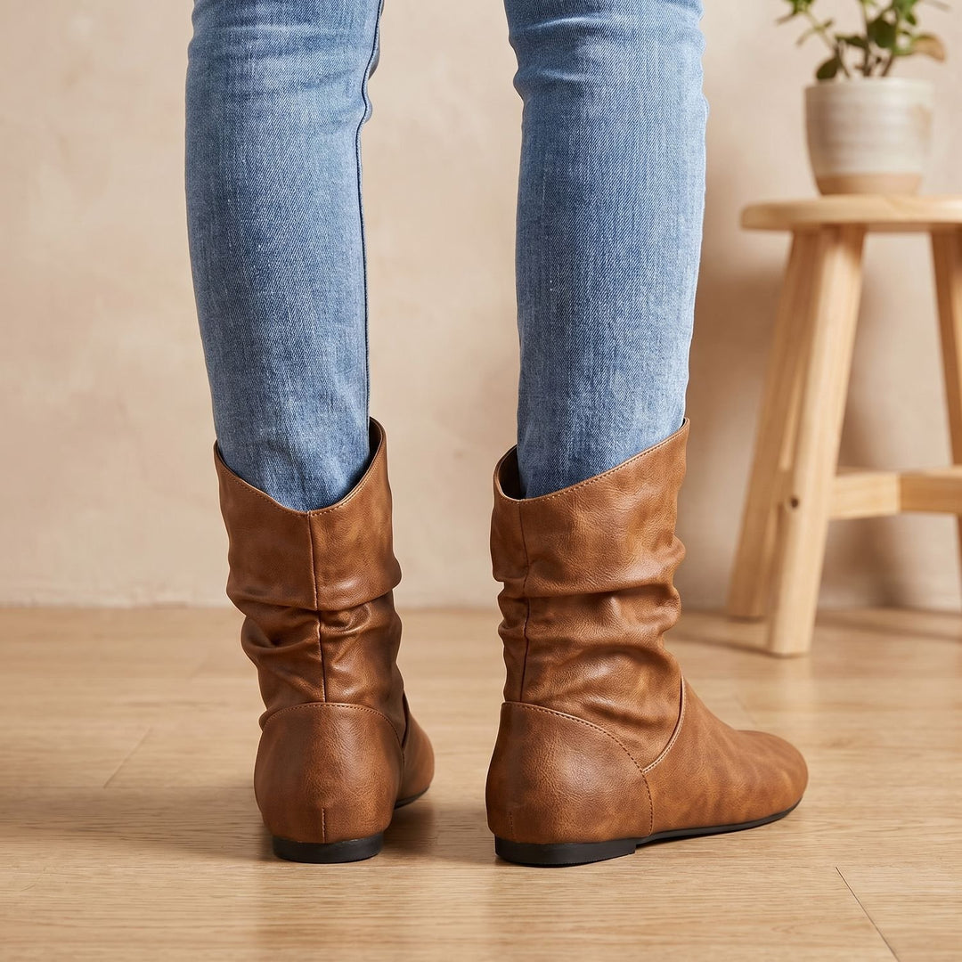 Women's Slouchy Flat Ankle Boots Round-Toe Pull-On