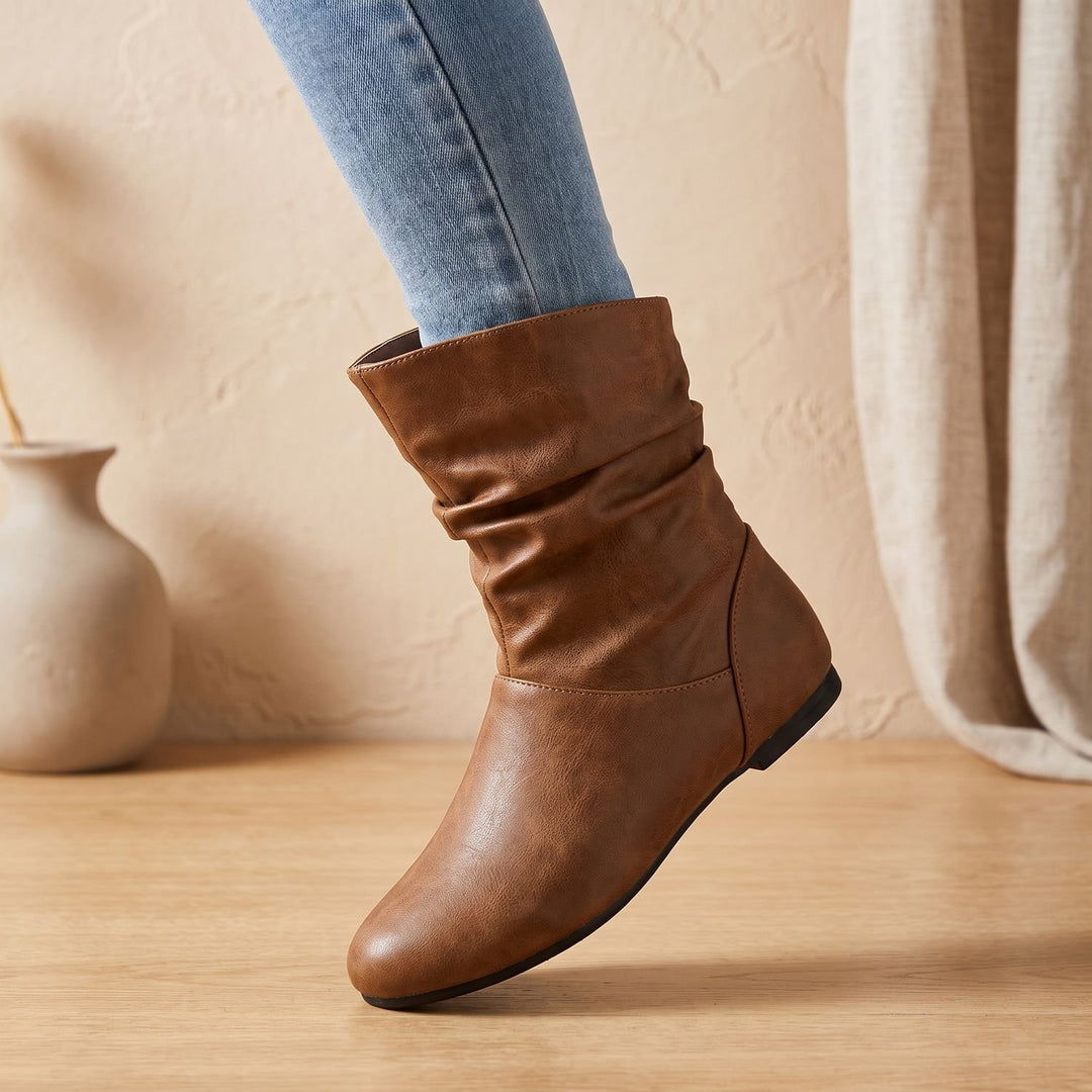 Women's Slouchy Flat Ankle Boots Round-Toe Pull-On