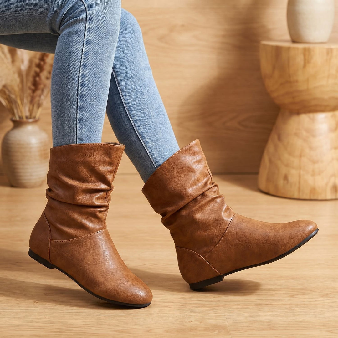 Women's Slouchy Flat Ankle Boots Round-Toe Pull-On