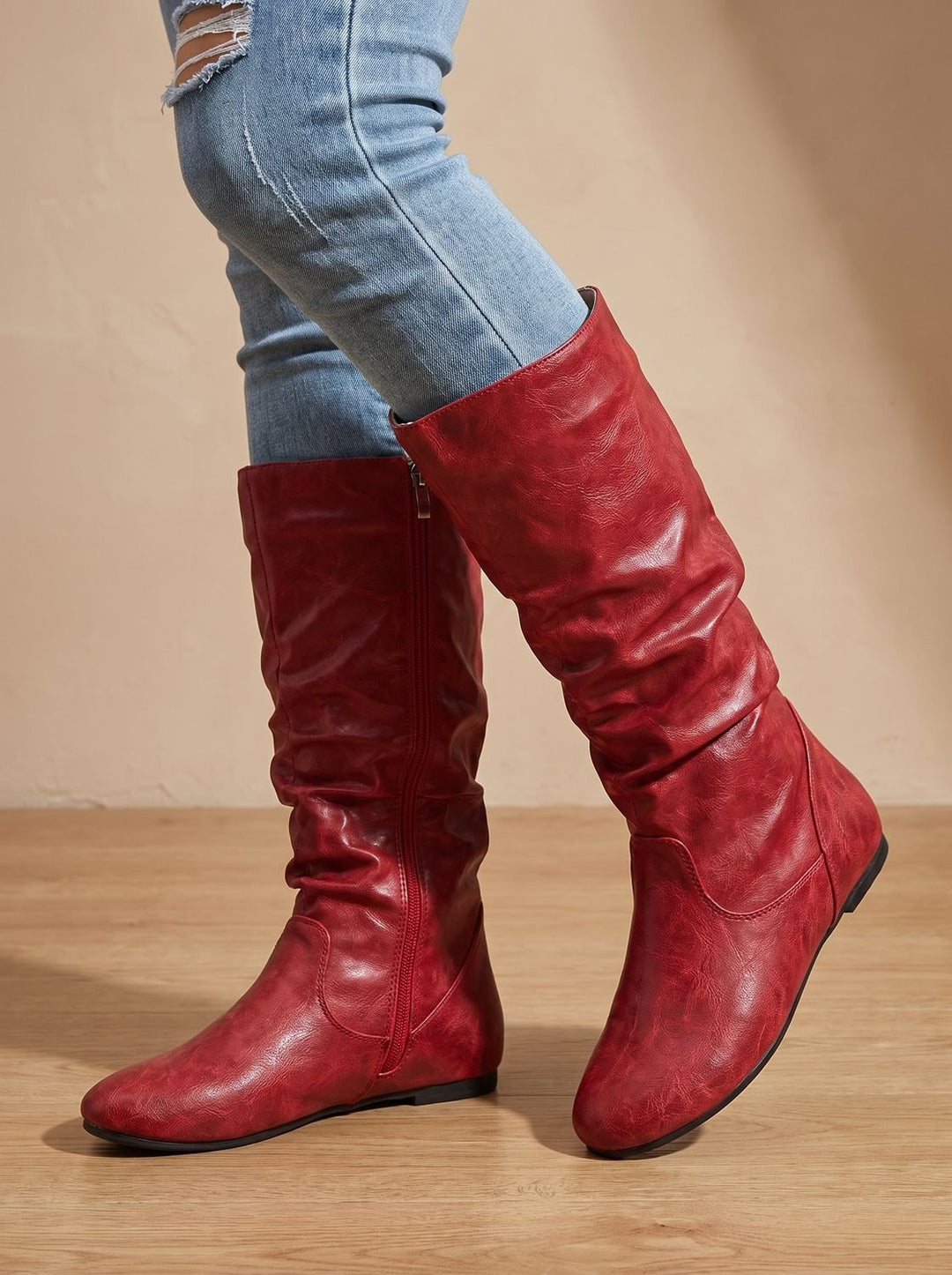 Women's Slouchy Flat Knee High Boots Round Toe Side Zip
