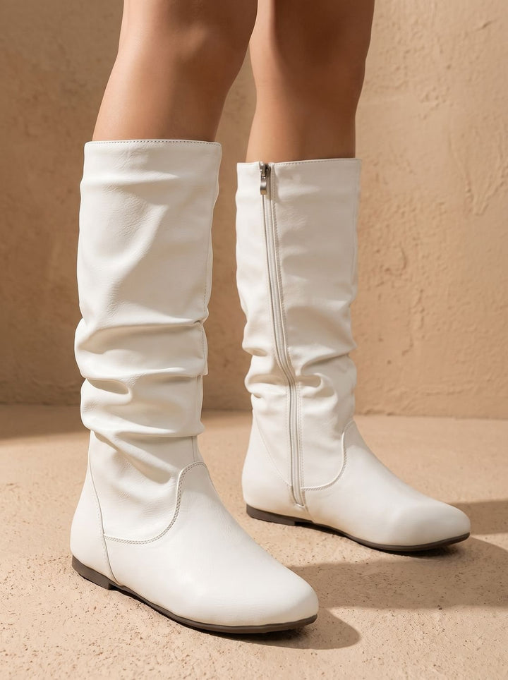 Women's Slouchy Flat Knee High Boots Round Toe Side Zip